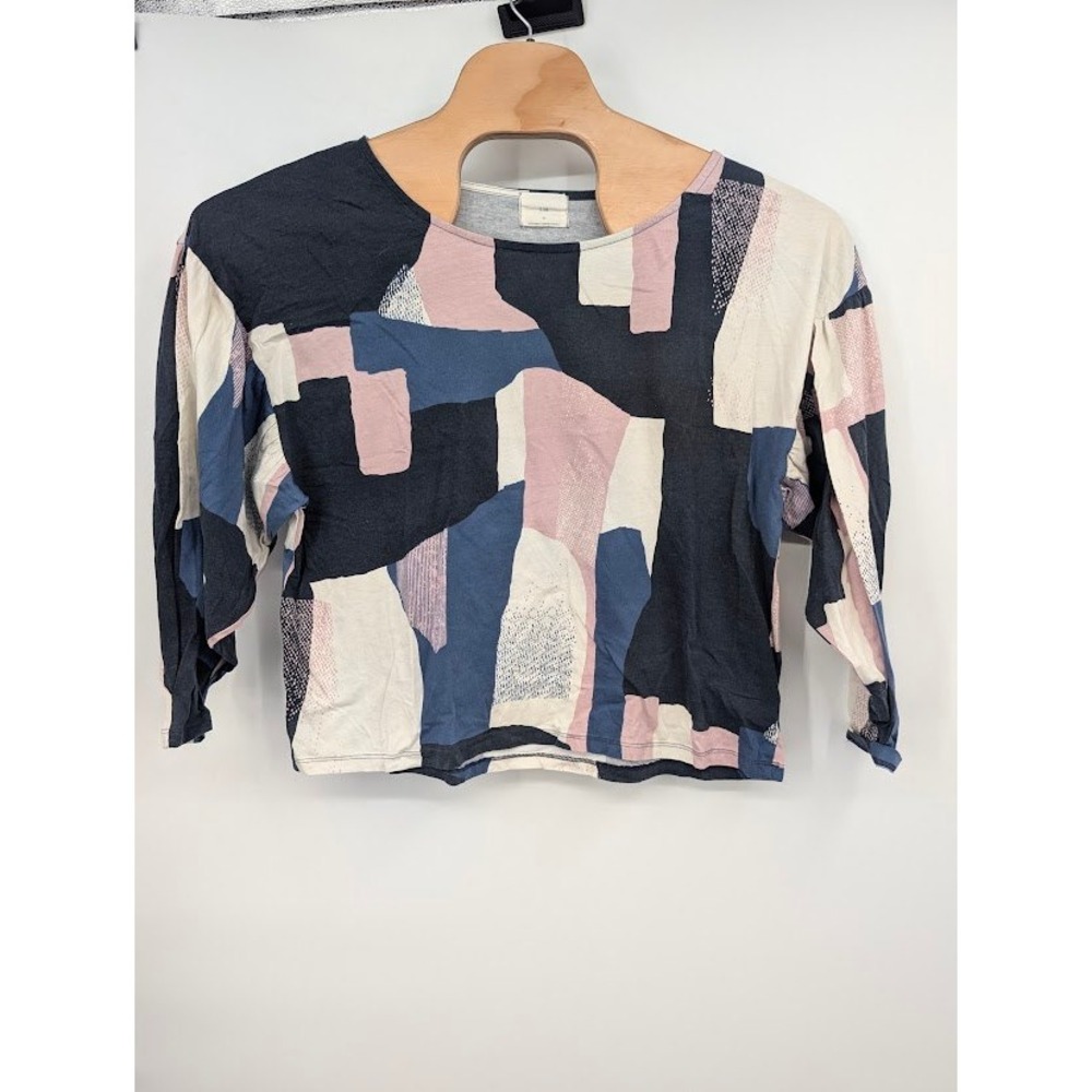 Anthropologie T.La Women's Abstract Colorblock‎ Knit Crop Top Blue Pink Medium